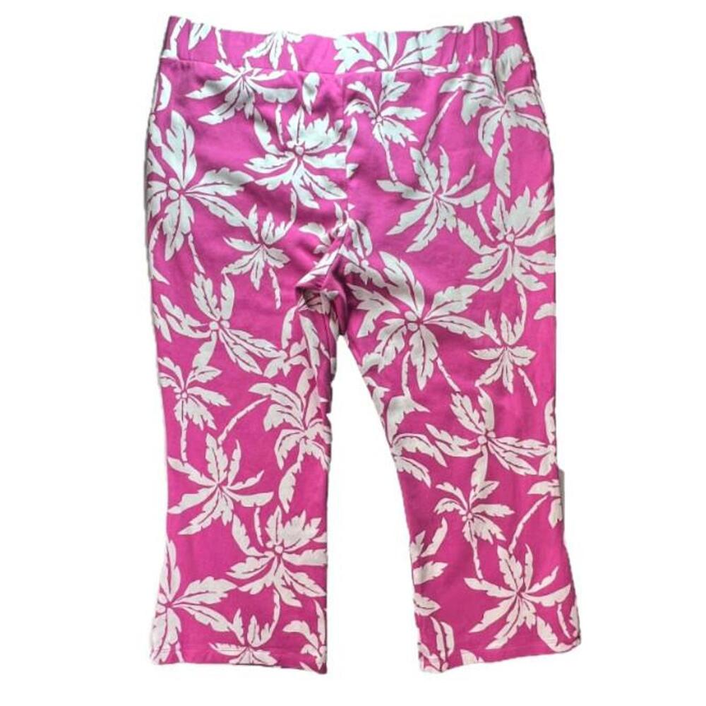 Belle by Kim Gravel - Women's XL Ankle Pants Pink White Palm Trees Slash Pocket